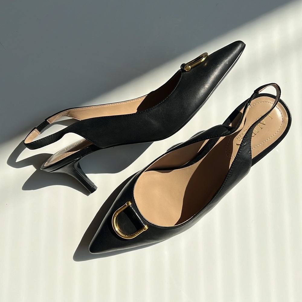 Lauren Ralph Lauren Black Slingback Kitten Heels with Gold Accent - Picture 4 of 9